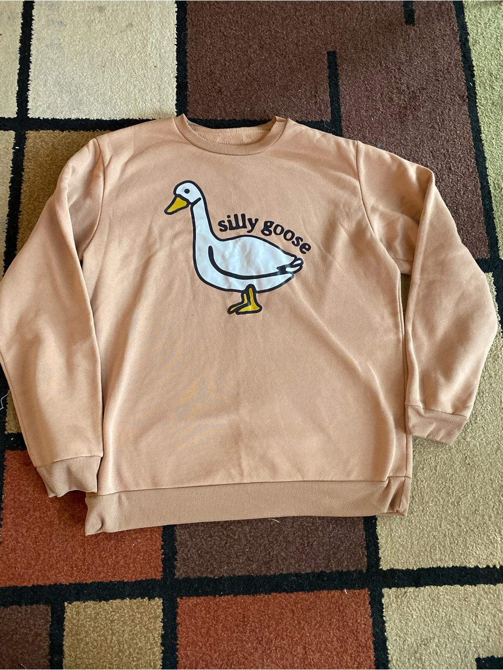 SHEIN Tan/peach Crewneck Sweater with White Goose Graphic